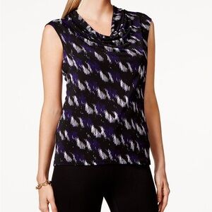 Kasper Black White and Purple Patterned Drape Cowl Neck Sleeveless Blouse 2X